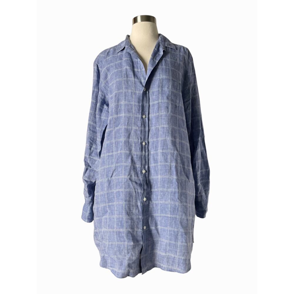 Frank & Eileen Mary Shirt Dress Blue White Check Plaid Linen Button Front M - Picture 2 of 8